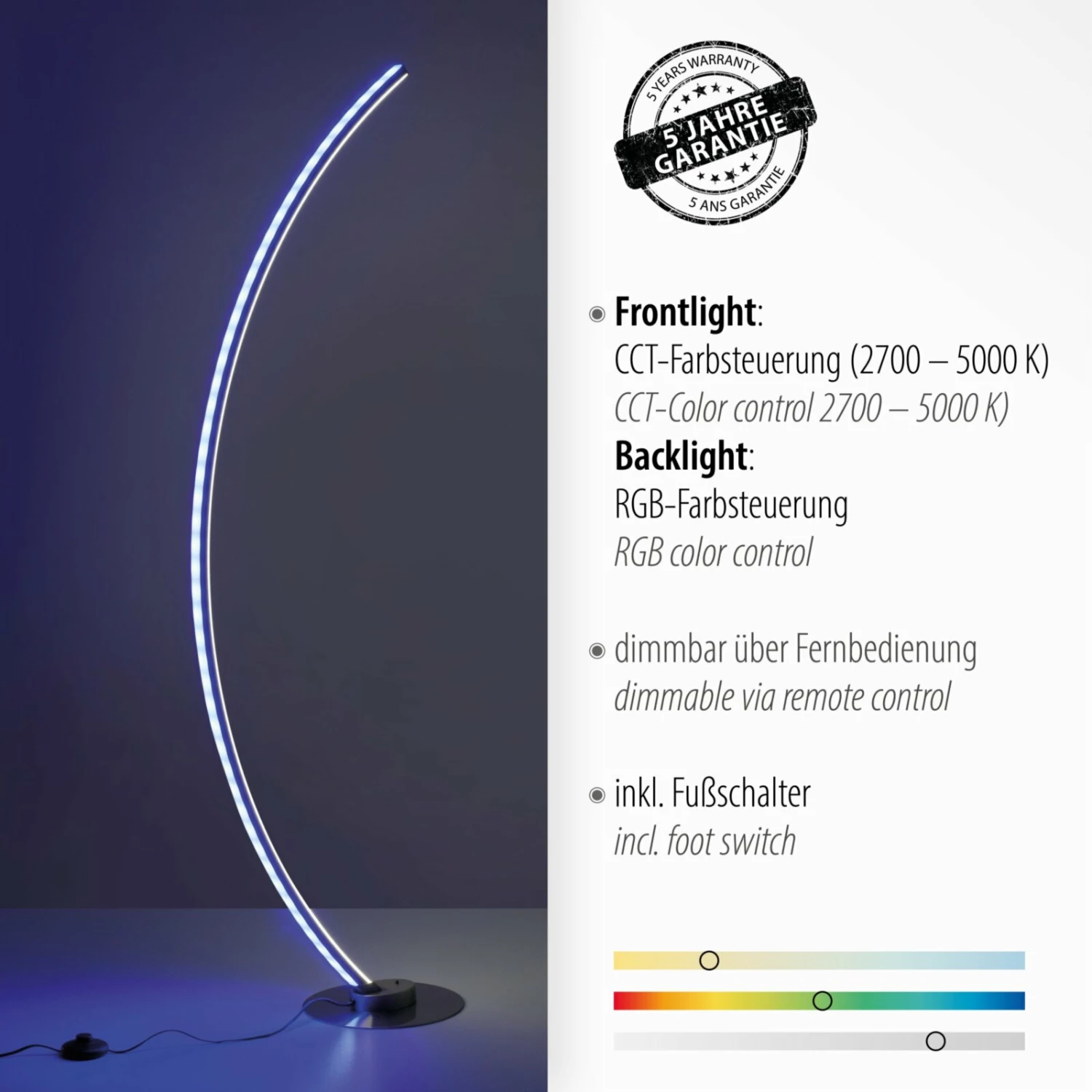 LED-Stehleuchte - Stahl - dimmbar - RGB - 140 cm hoch – Bild 2