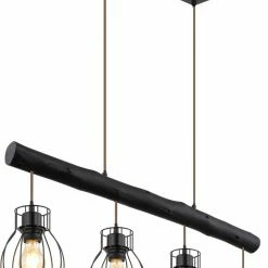 Pendelleuchte - schwarz matt - Holzbalken - 4-flammig