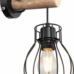 Wandlampe - schwarz-natur - Metall-Holz - 30 cm hoch