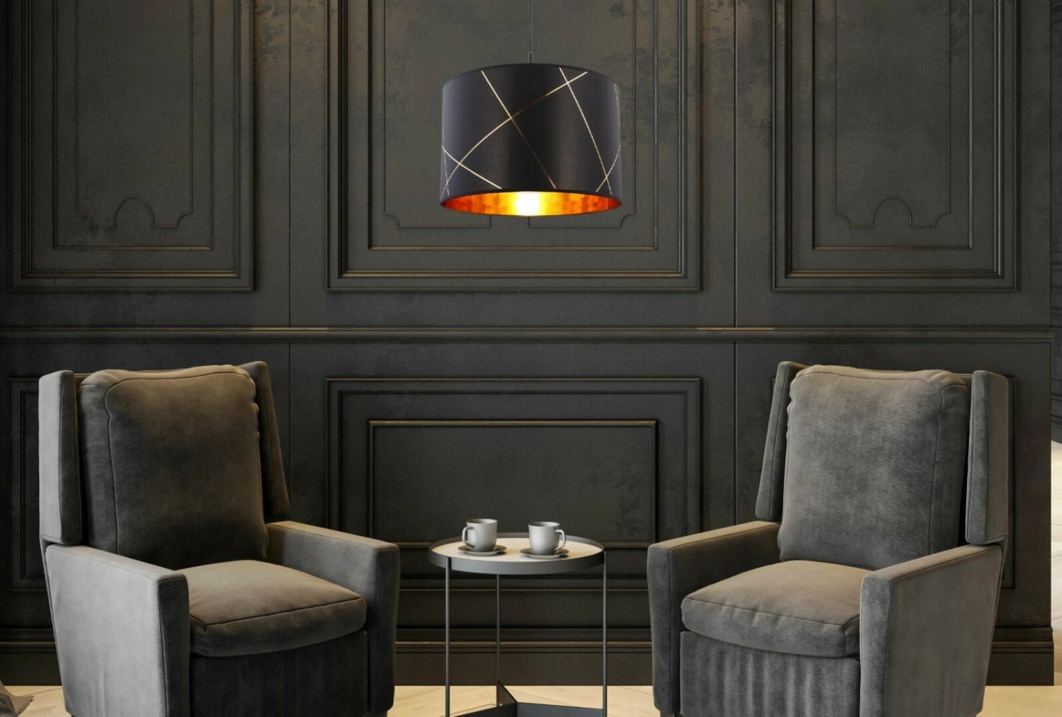 Pendelleuchte - schwarz - goldfarben - Metall-Textil â Bild 2