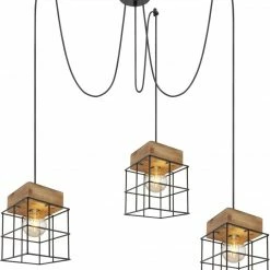 Pendelleuchte - schwarz-natur - Metall-Holz - 3-flammig