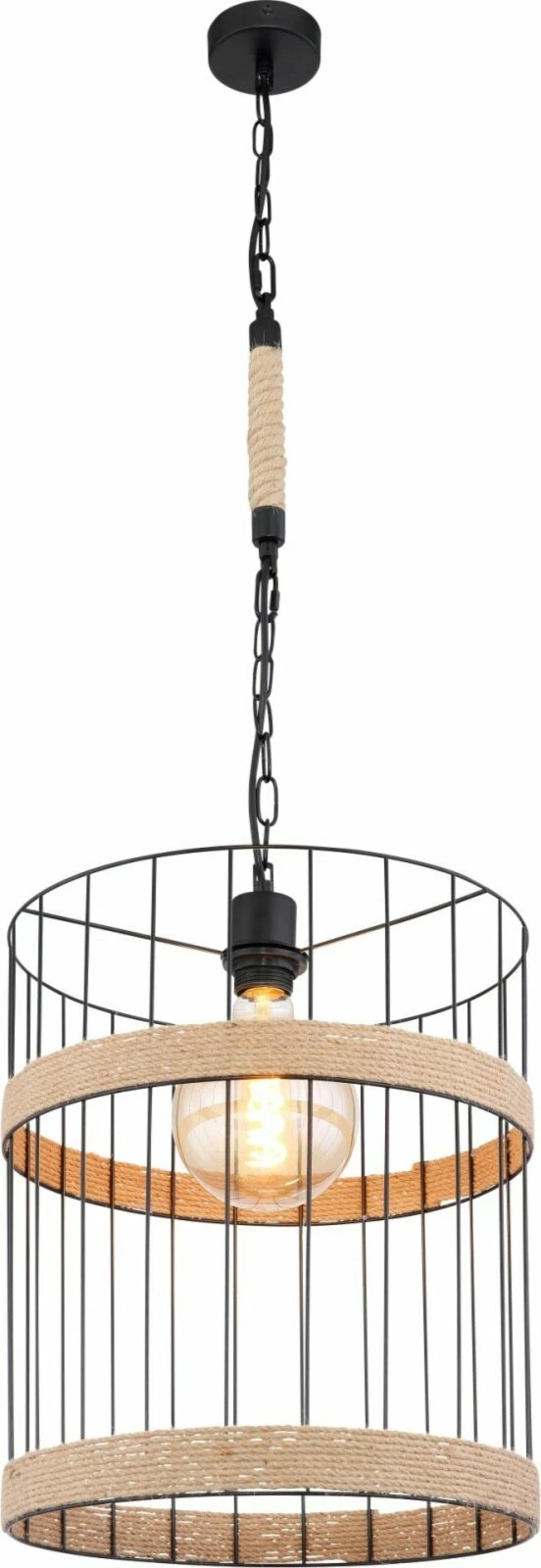 Pendelleuchte - schwarz matt - braun - Hanfseil - 145 cm