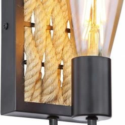Wandlampe - schwarz matt - braun - Hanfseil - 28 cm